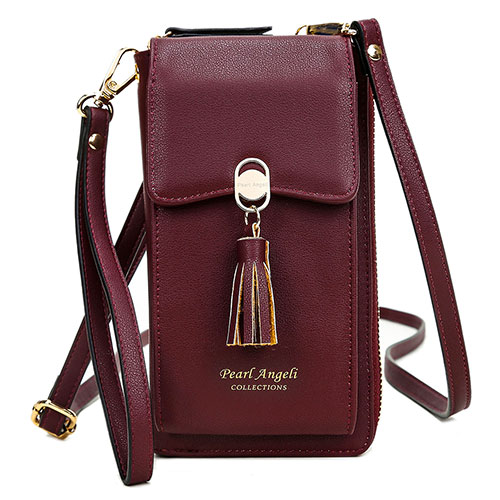 Pearl Angeli RFID Blocking Womens Small Cross Body Phone Bag Cellphone Wallet Tassel Ladies Shoulder Purse with Mobile Phone Holder (Burgundy Wine Red)