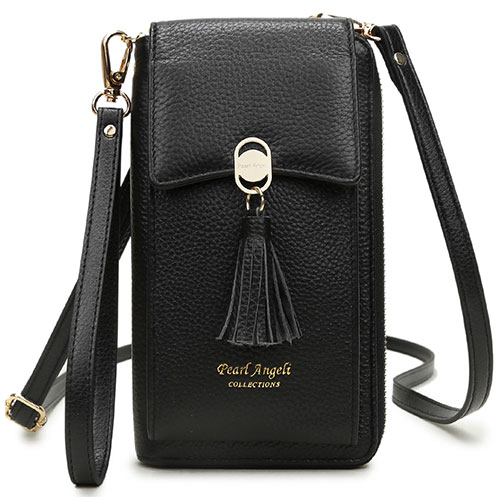 Pearl Angeli Soft Real Leather Women Small Cross Body Phone Bag RFID Blocking Wristlet Wallet Ladies Shoulder Purse with Mobile Phone Holder Tassel