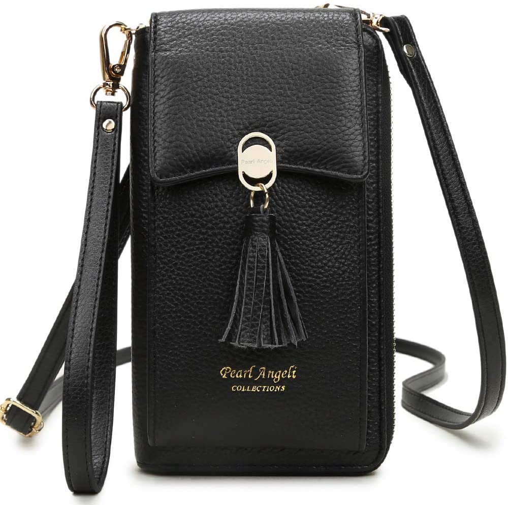 Pearl Angeli Weiches Echtes Leder Handy Umhängetasche - Handytasche Geldbörse Damen RFID Schutz Kartenfächer Verstellbar Abnehmbar Schultergurt kleine Crossbody Tasche Handy unter 6,5 Zoll (Schwarz)