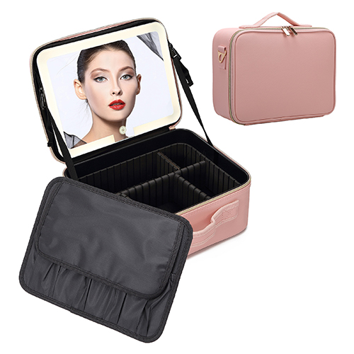 Travel Makeup Bag with LED Mirror, Portable Cosmetic Bag Large Capacity Makeup Organizer Bag Waterproof Train Case with Adjustable Dividers & Shoulder Strap