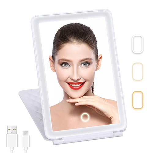 Pearl Angeli Travel Makeup Mirror Compact Vanity Mirror Rechargable LED Comestic Mirror with Touch Control, 3 Color Modes Dimmable Lighted Mirror(White)