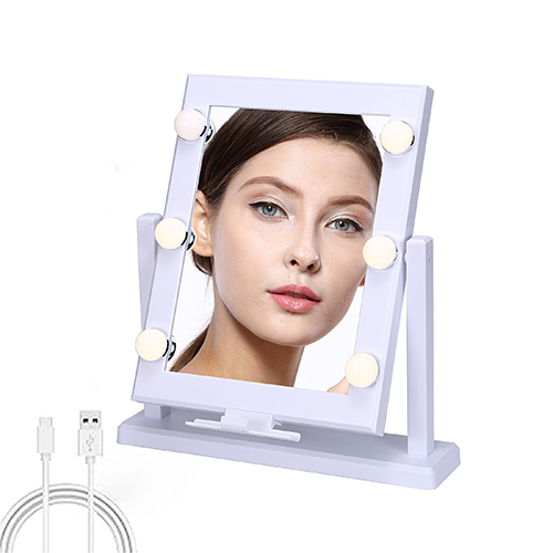 Pearl Angeli Vanity Mirror with Lights, Makeup Mirror with 6 Dimmable LED Bulbs, Hollywood Lighted Mirror, Two Power Supply Comestic Mirror with Phone Holder(White)